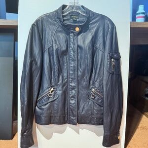 Cartise navy blue faux leather jacket with gold accents, size L
